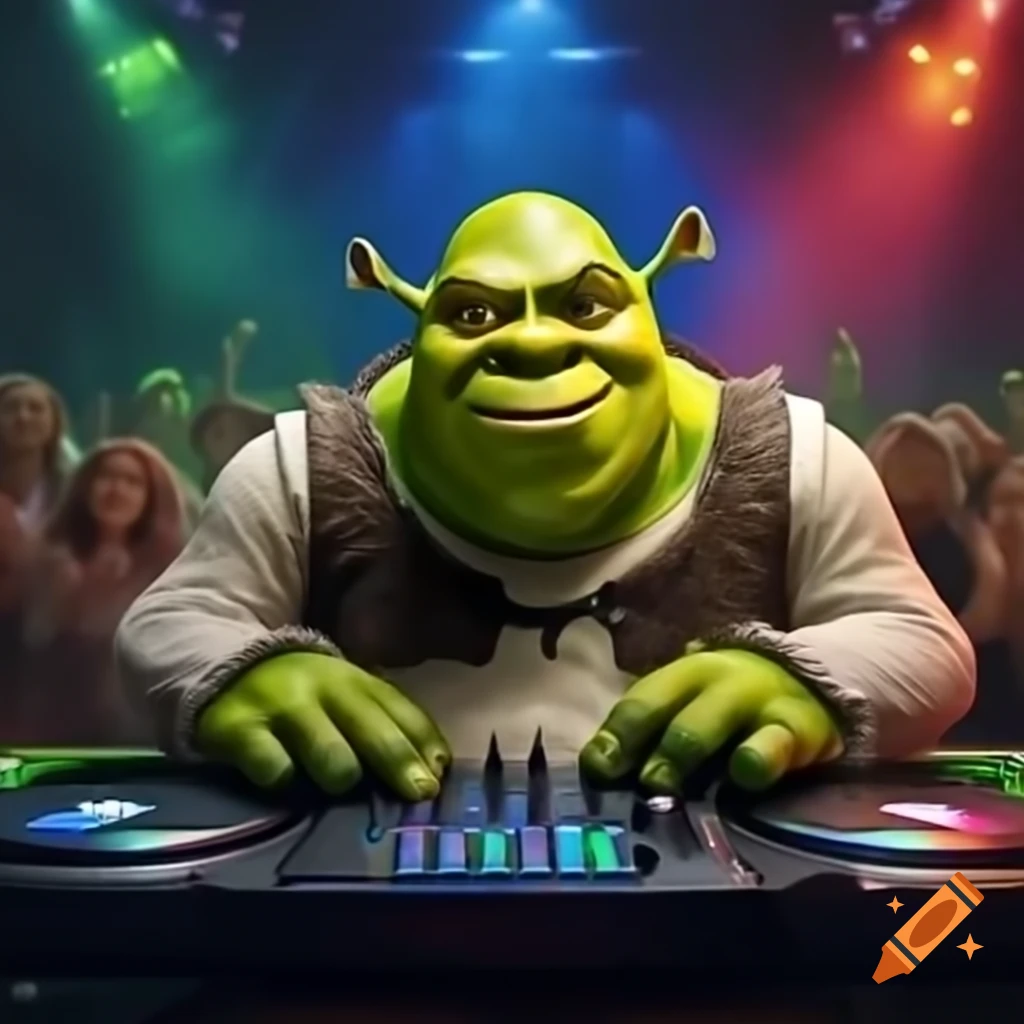 Shrek as DJ at rave party with colorful lights and crowd