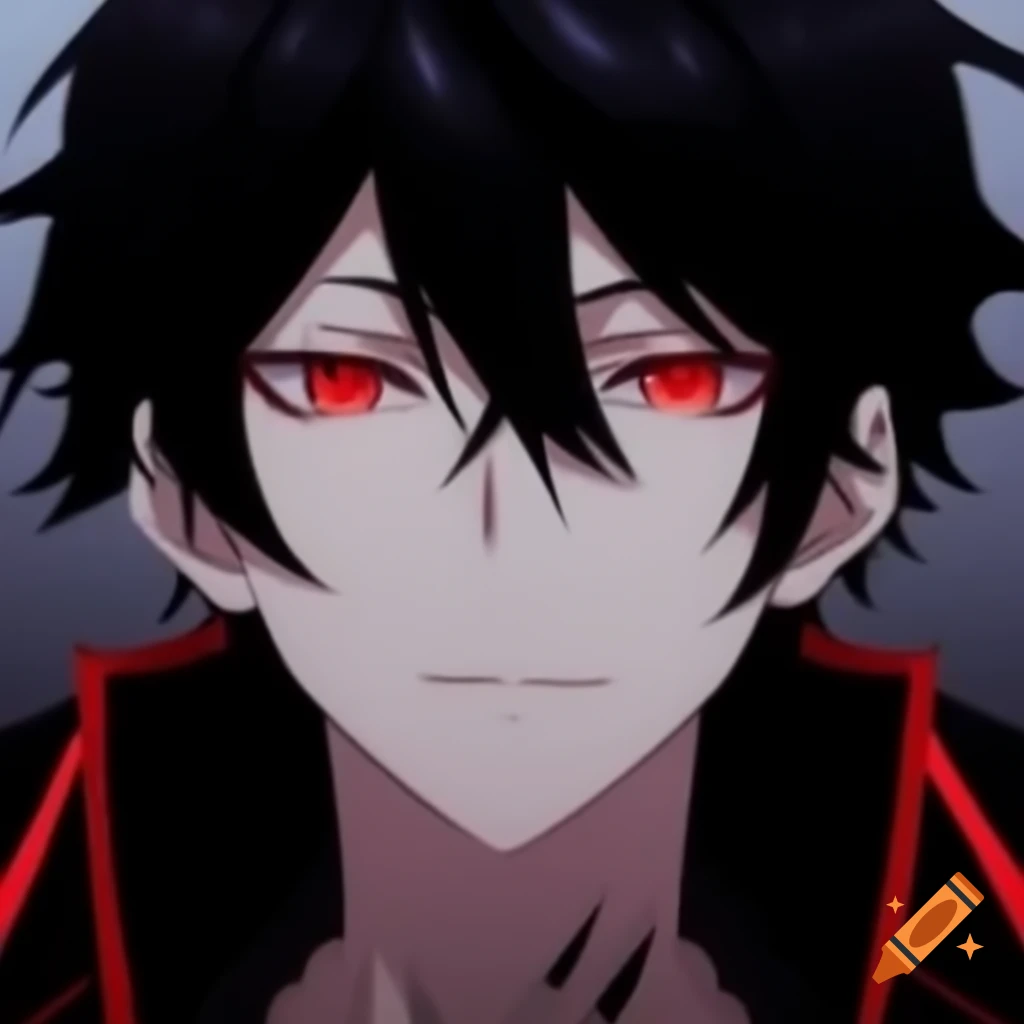 Male demon character with black hair and red eyes in anime style on Craiyon