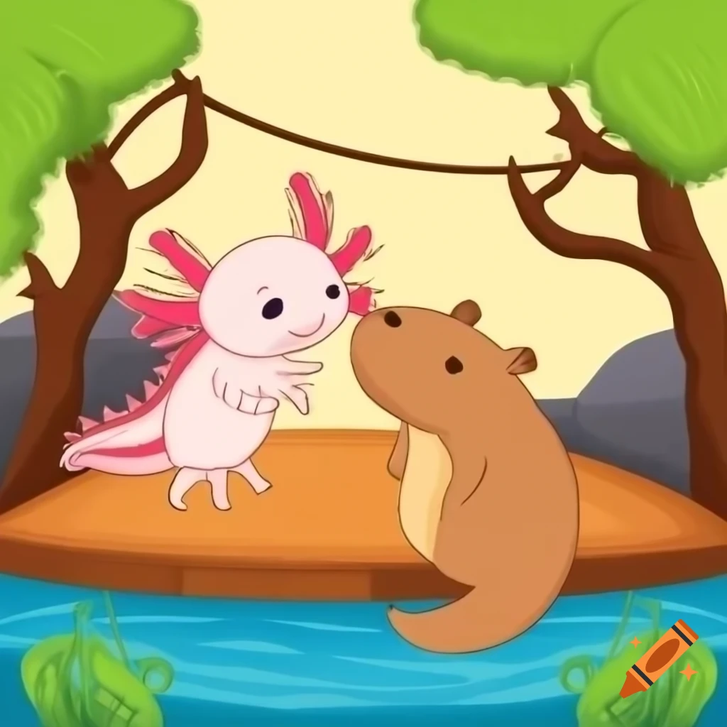 Axolotl and capybara friends in a beautiful oasis