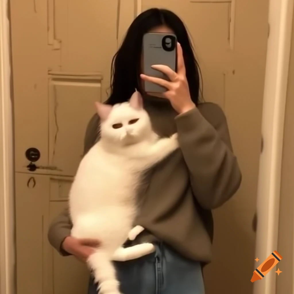Young woman with fluffy white cat and tall man taking mirror selfie by ...