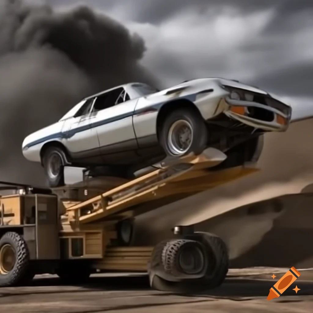 Oversized car crushing smaller cars in dramatic scene