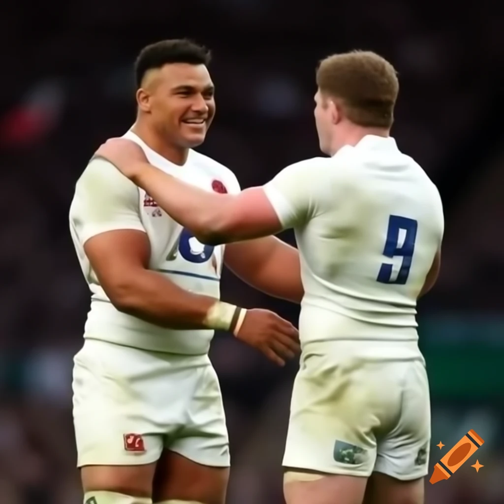 Two rugby players embracing on pitch at Twickenham, England and New Zealand kits