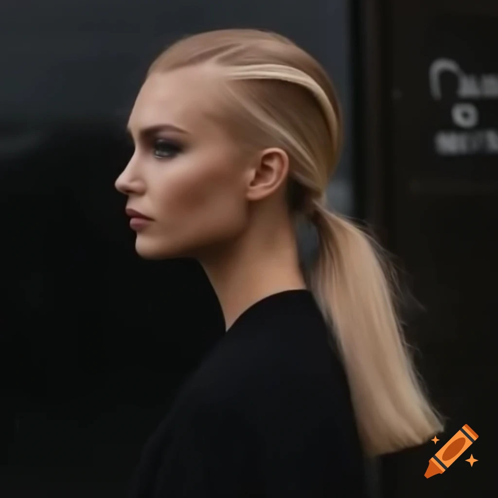 Stylish Russian women in street fashion with ponytails posing in urban setting
