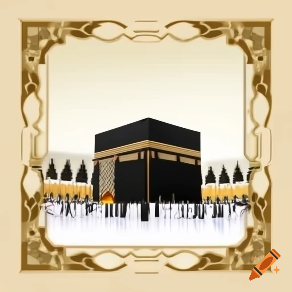 Elegant invitation card celebrating safe return from Haj with Kaaba at dawn