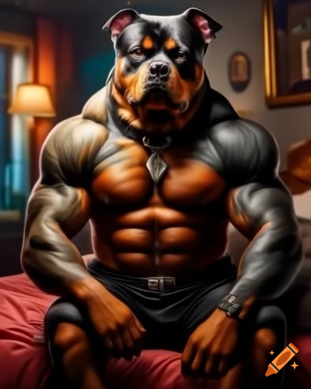 Muscular anthro rottweiler with tribal tattoos striking a confident ...