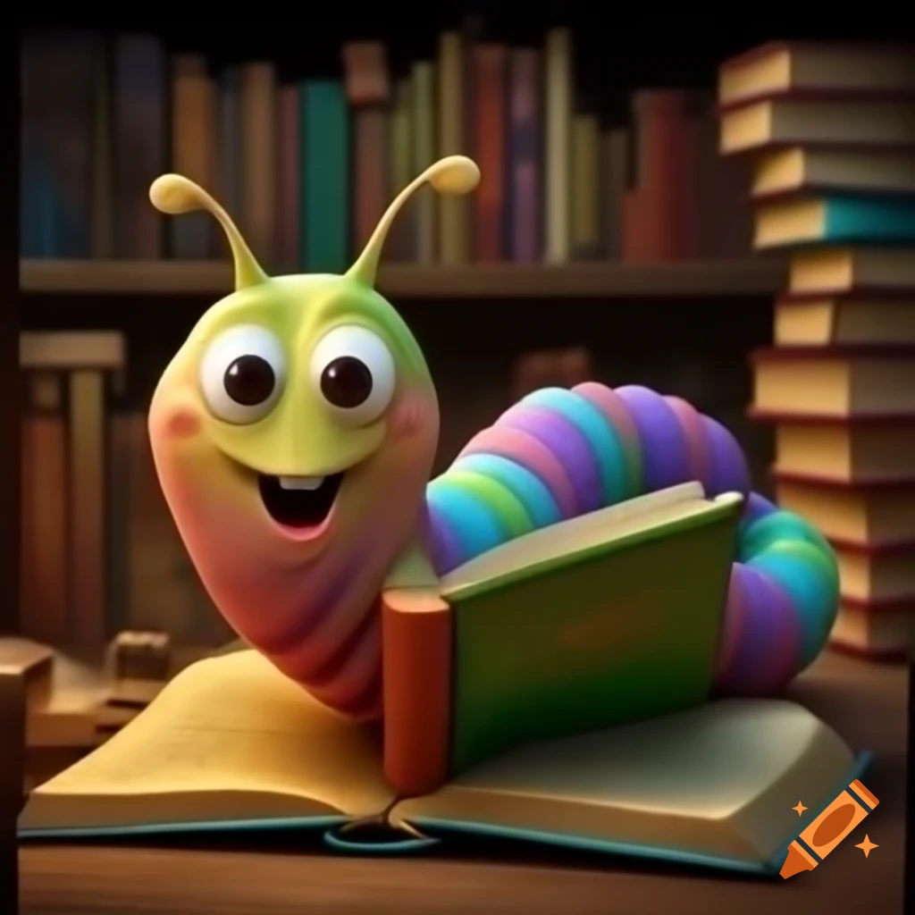 Colorful worm reading a book surrounded by many books in a library on ...