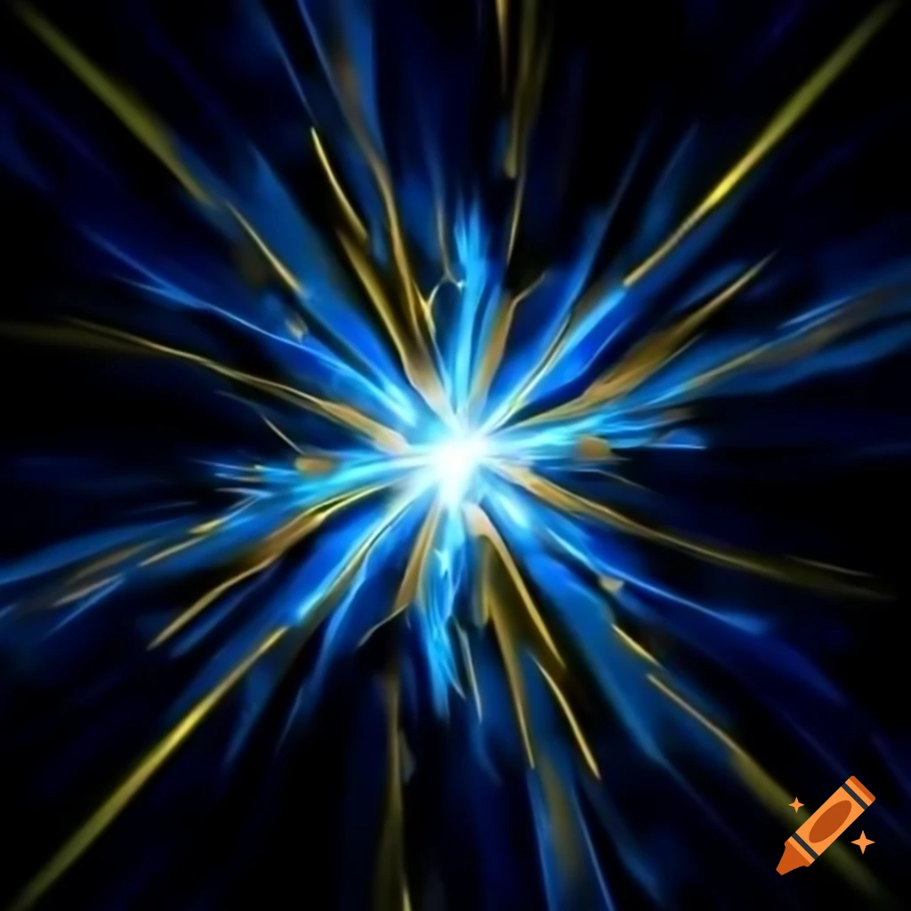 Abstract blue and yellow light rays radiating from center on dark background