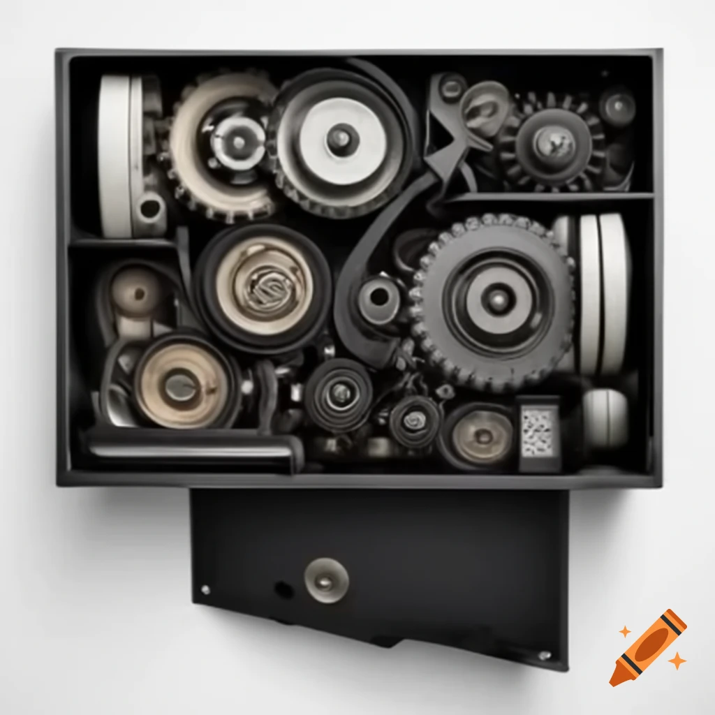 Aerial view of large black box with intricate gears and wires inside