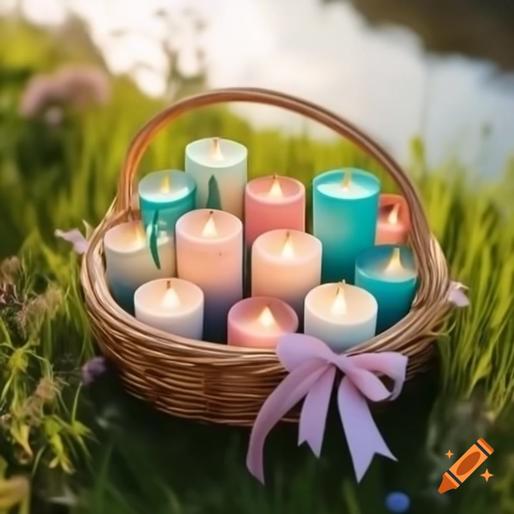 Wicker basket filled with colorful tealight candles and pastel ribbon bow