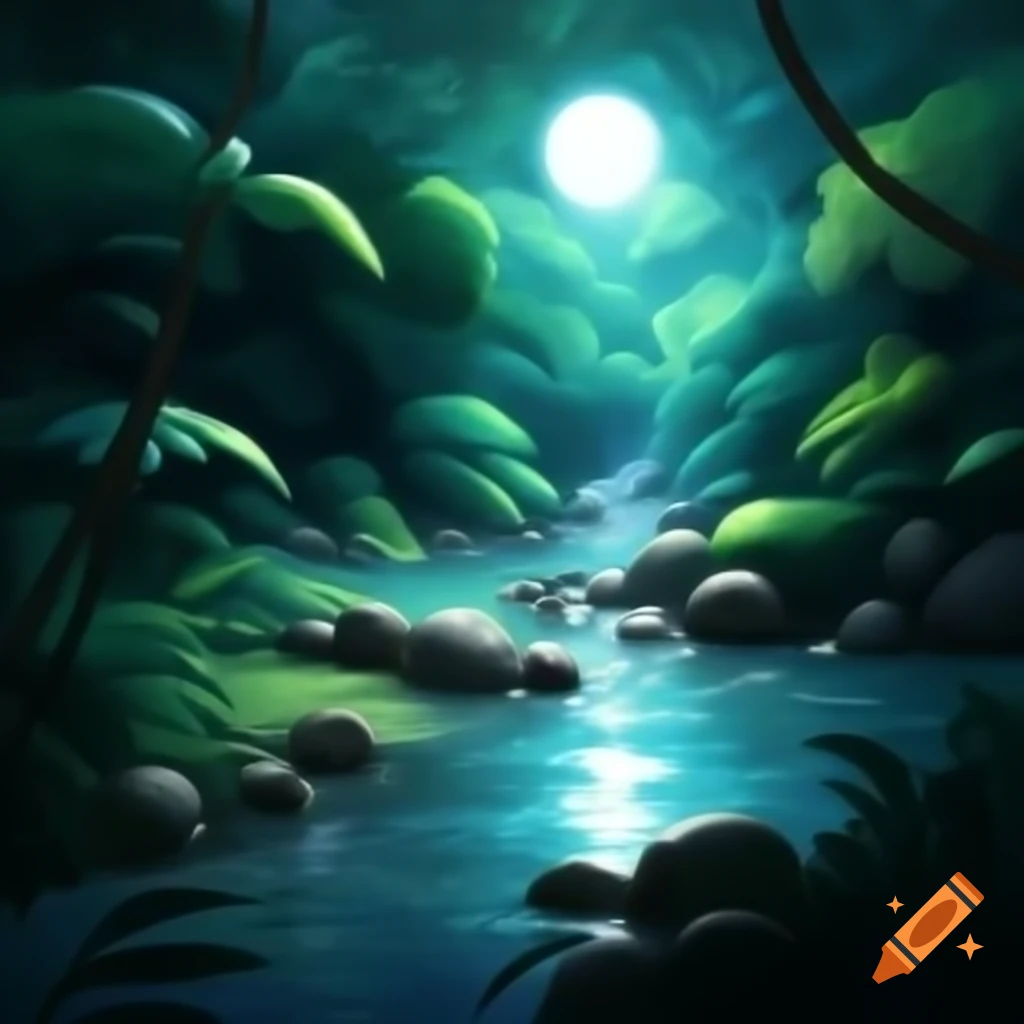 Jungle night scene with moonlight shining on cascading creek