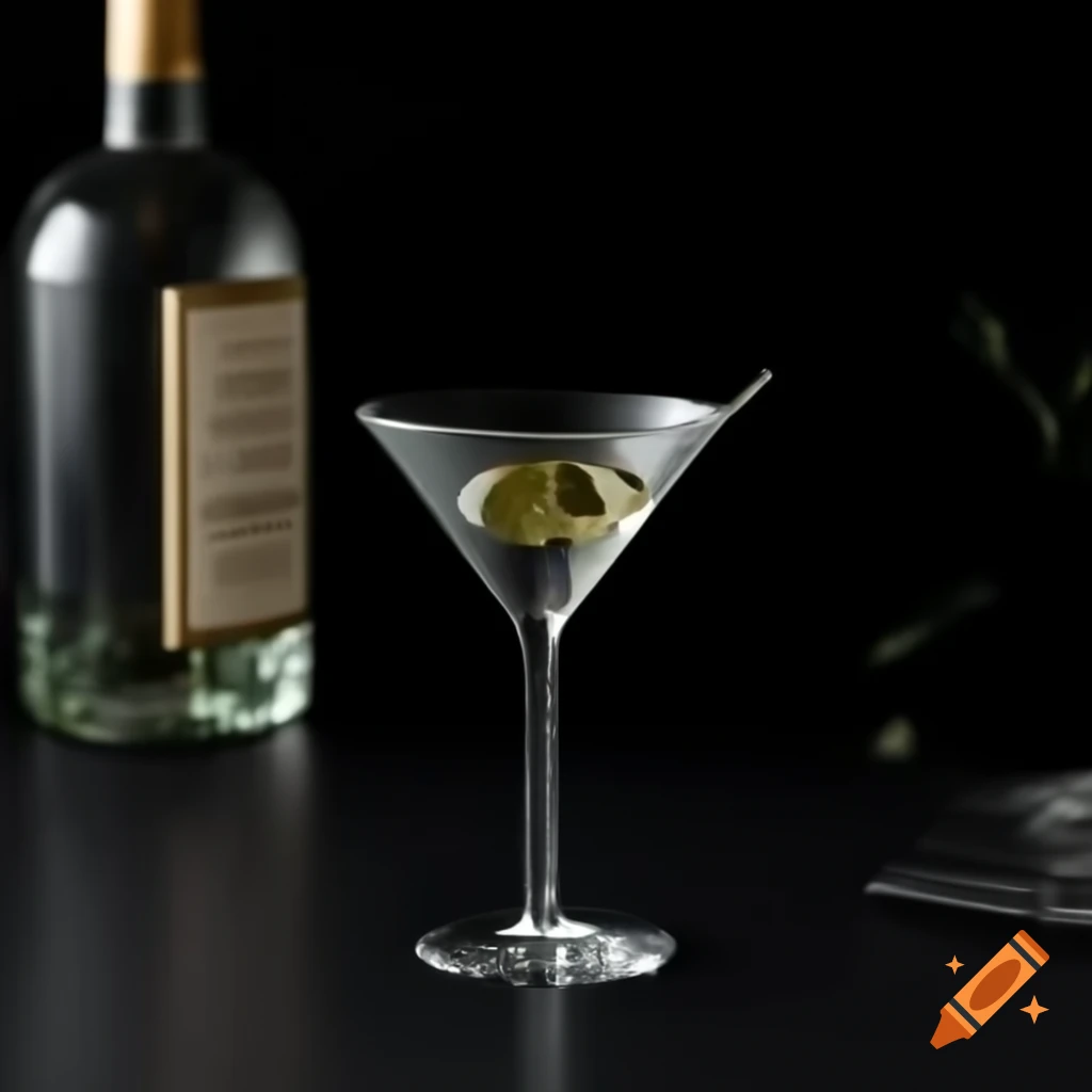 Elegant line art of a martini glass with olive on black background