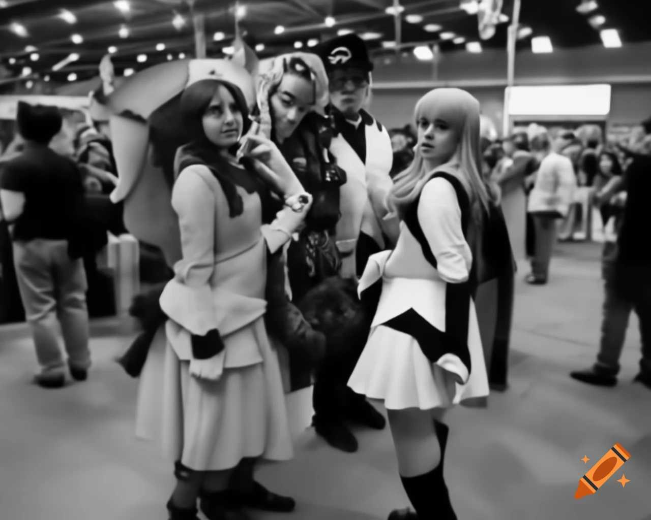Black and white photo of the first anime and cosplay convention in England, 1908
