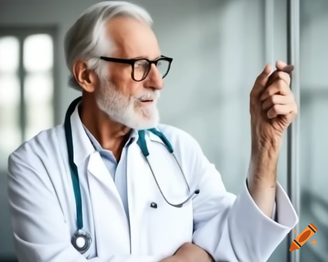 Elderly doctor in white coat and stethoscope in medical office, half-body view