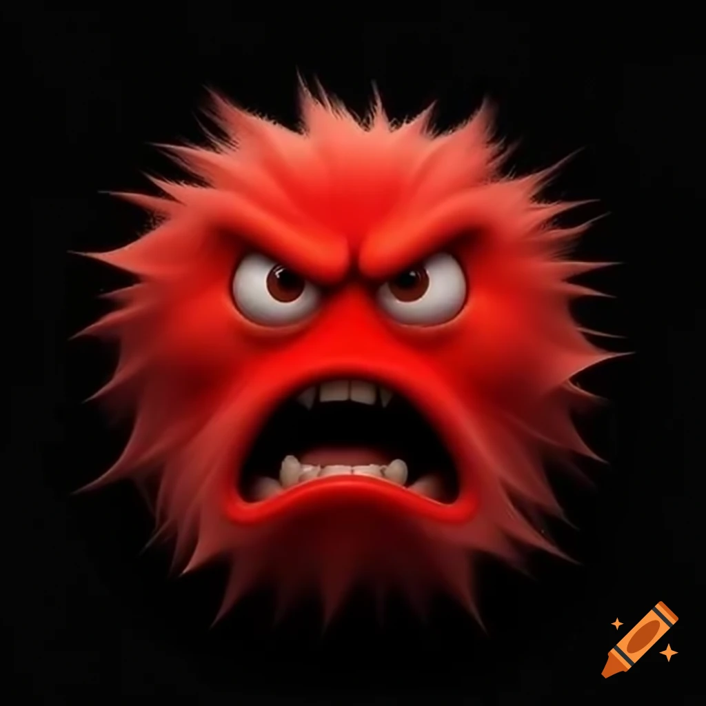 Angry fluffy red smiley face on black background