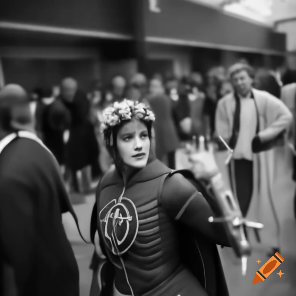 Historical black and white photo of the first anime and cosplay convention in England, 1908