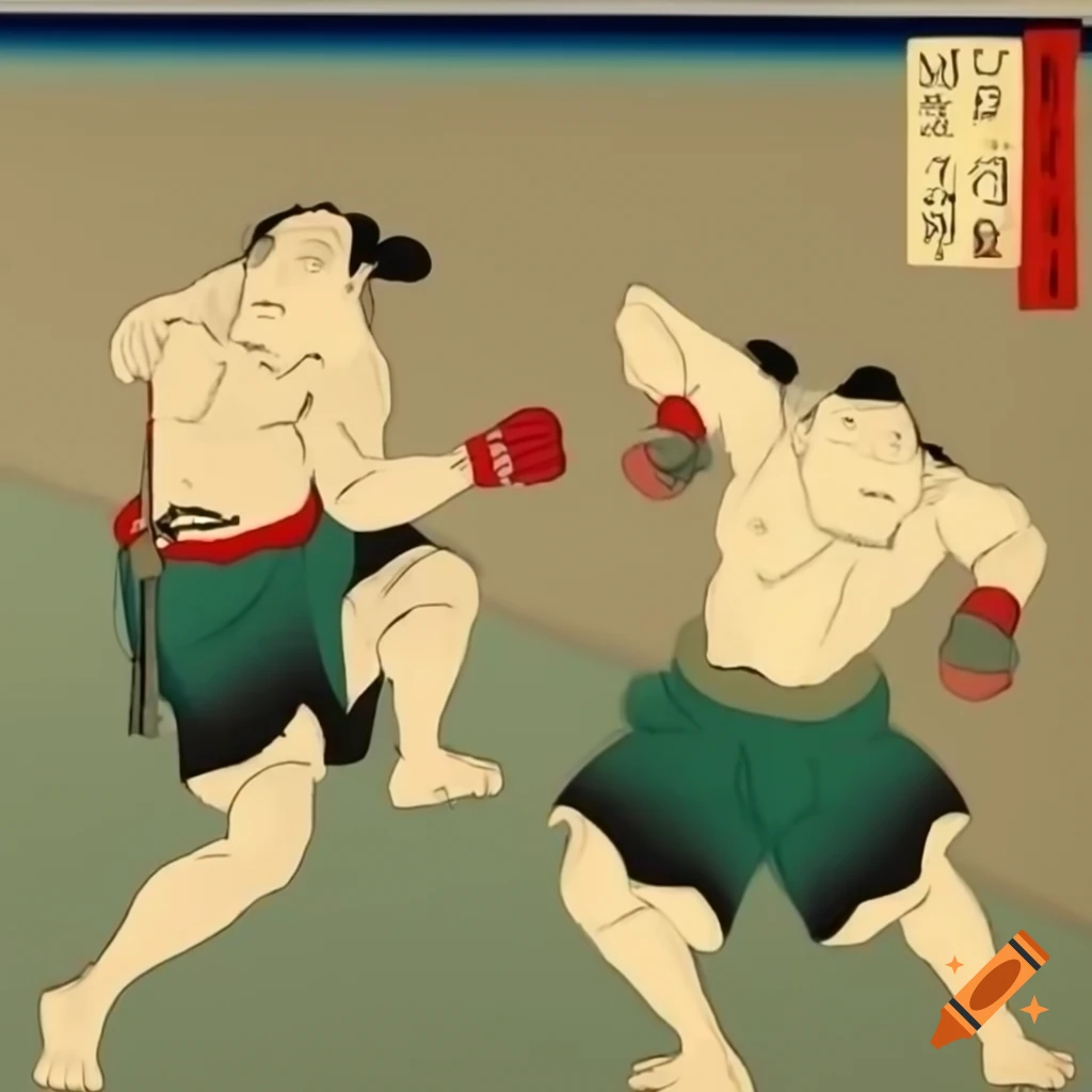 Ukiyo-e woodblock print of two MMA fighters in combat with green gloves