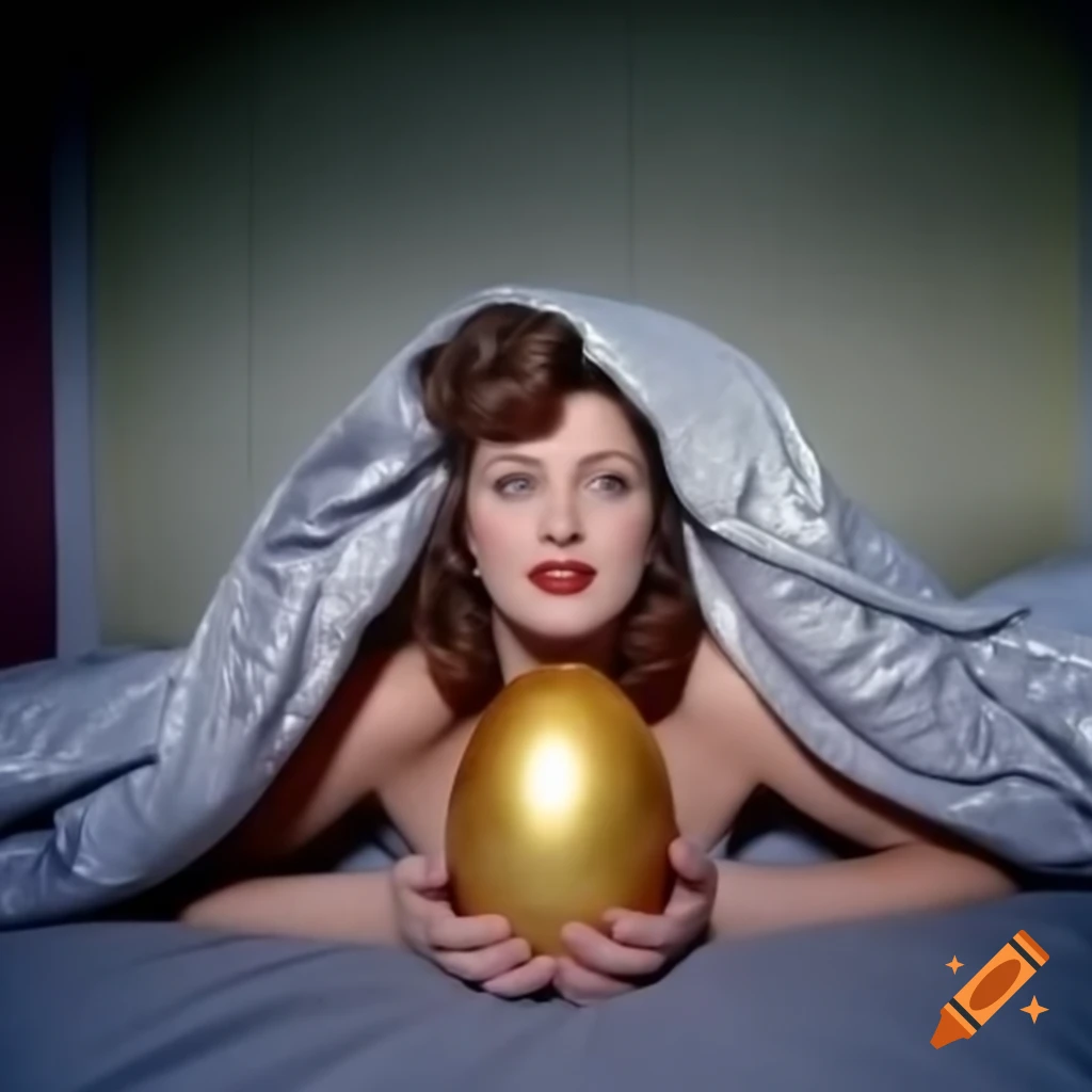 A comedic scene featuring a golden egg in a bed, themed around disco country music