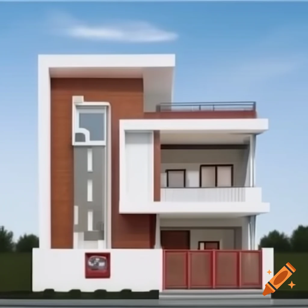 Exterior of a two-story house with white and red walls and a hip roof