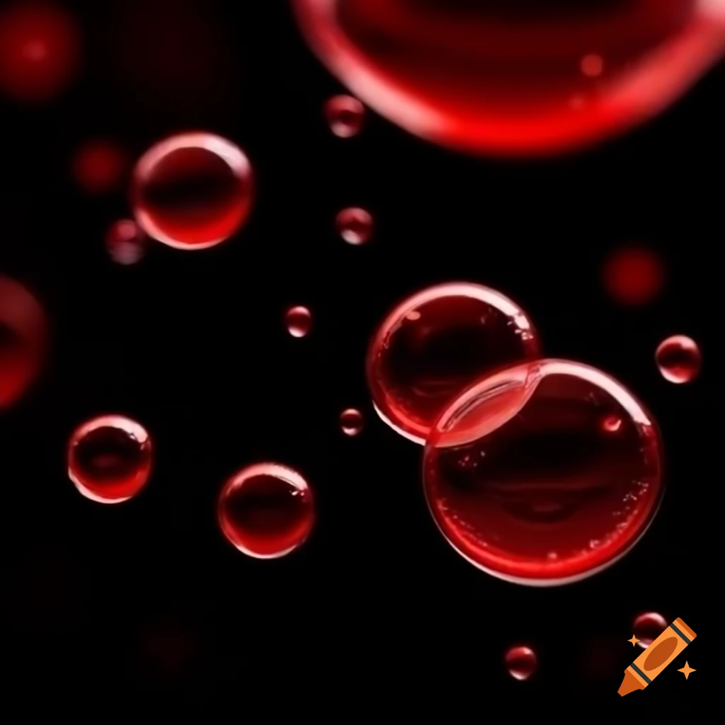 Realistic blood red bubbles on a black background, centered