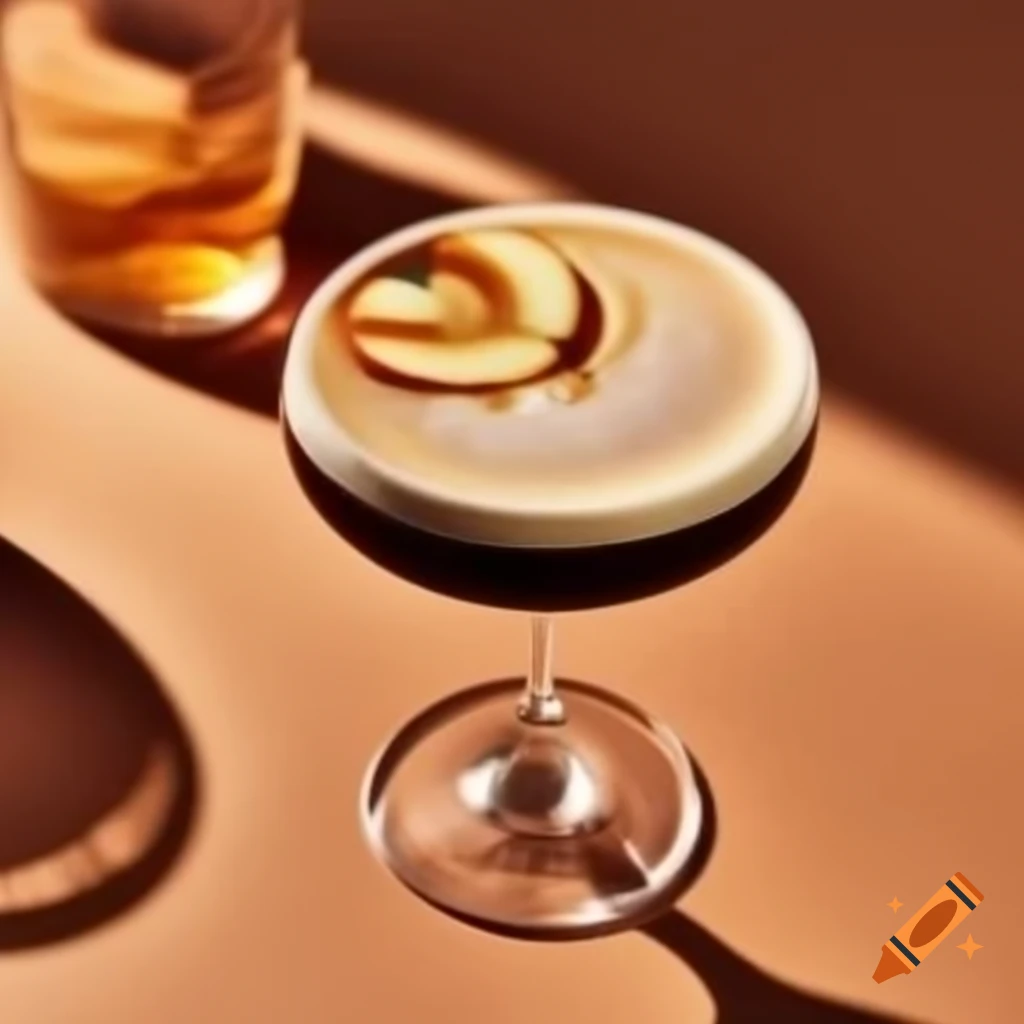 Espresso martini garnished with apple slice and caramel ring