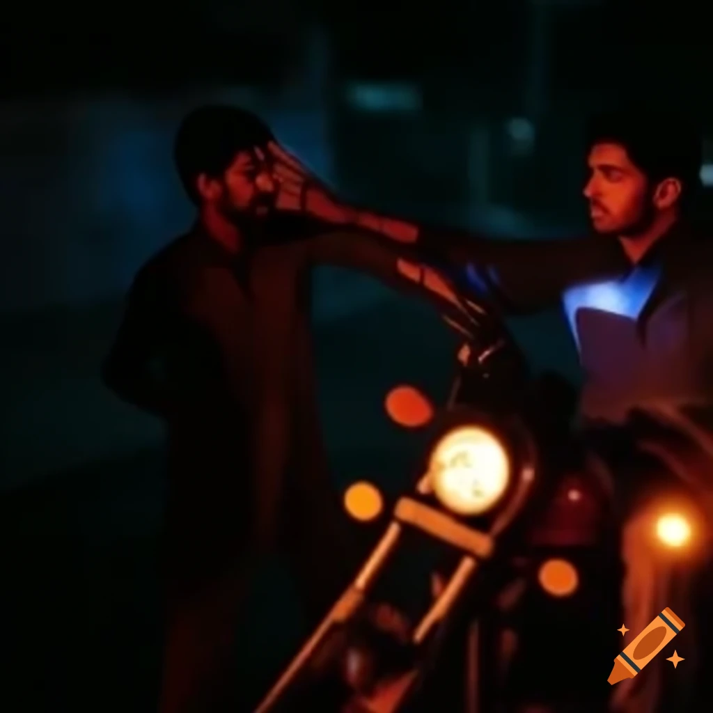 Night-time street with young men on motorbike and policemen in uniform