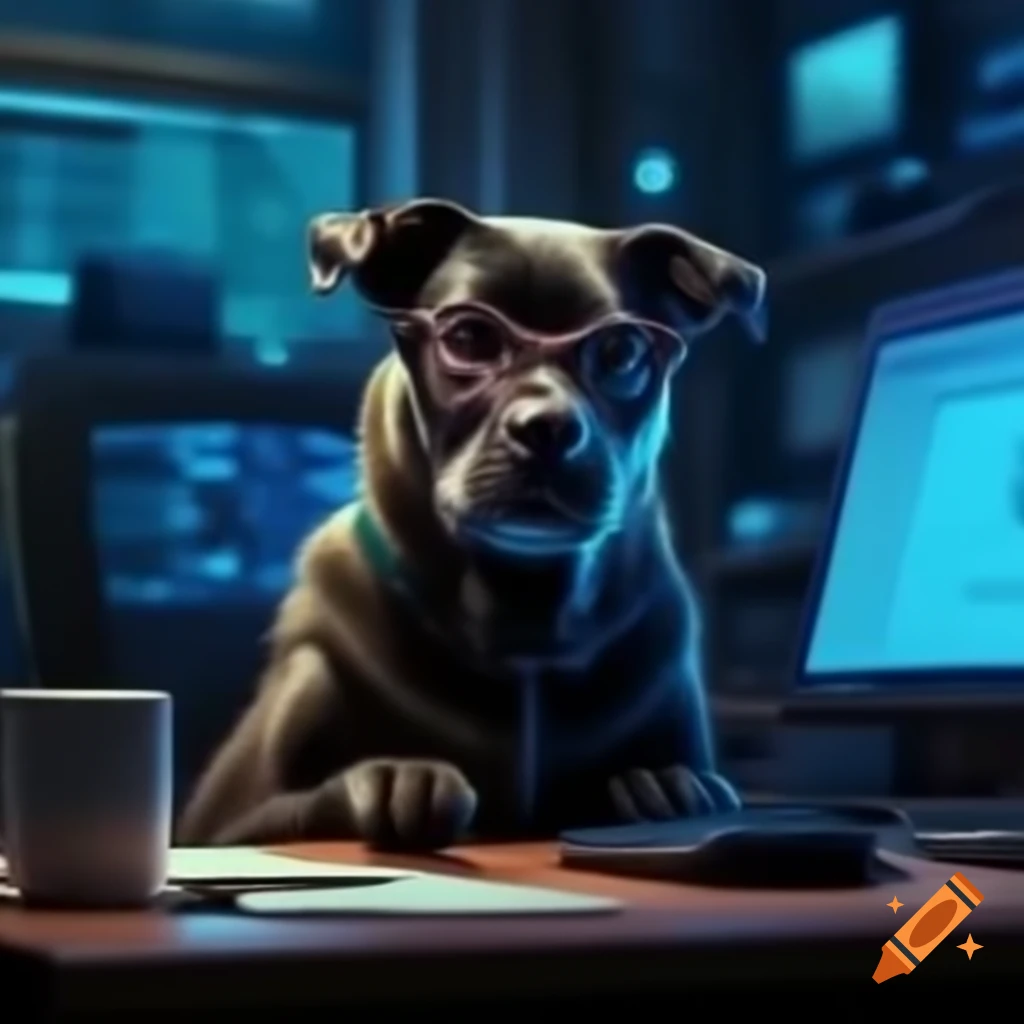 Black dog wearing glasses working on MacBook laptop on Craiyon
