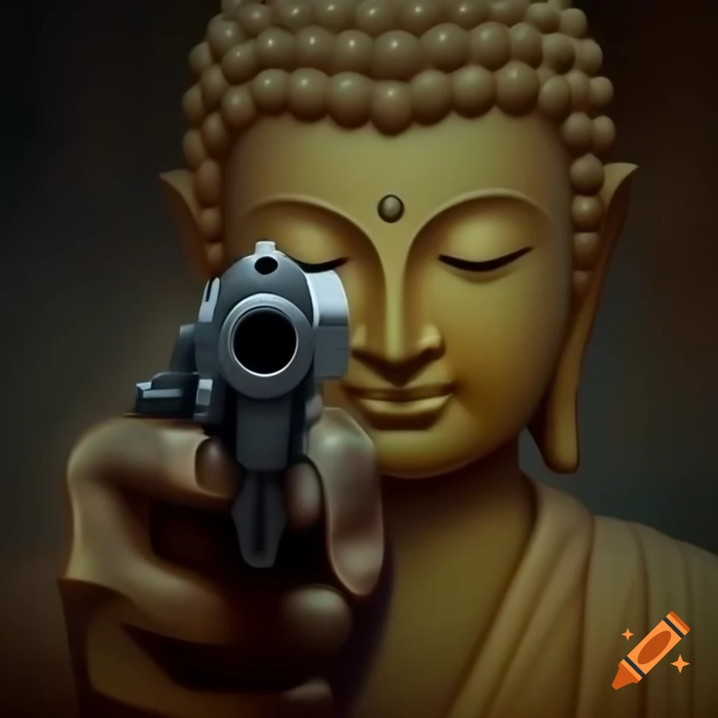 Buddha holding handgun with thought-provoking text about suffering