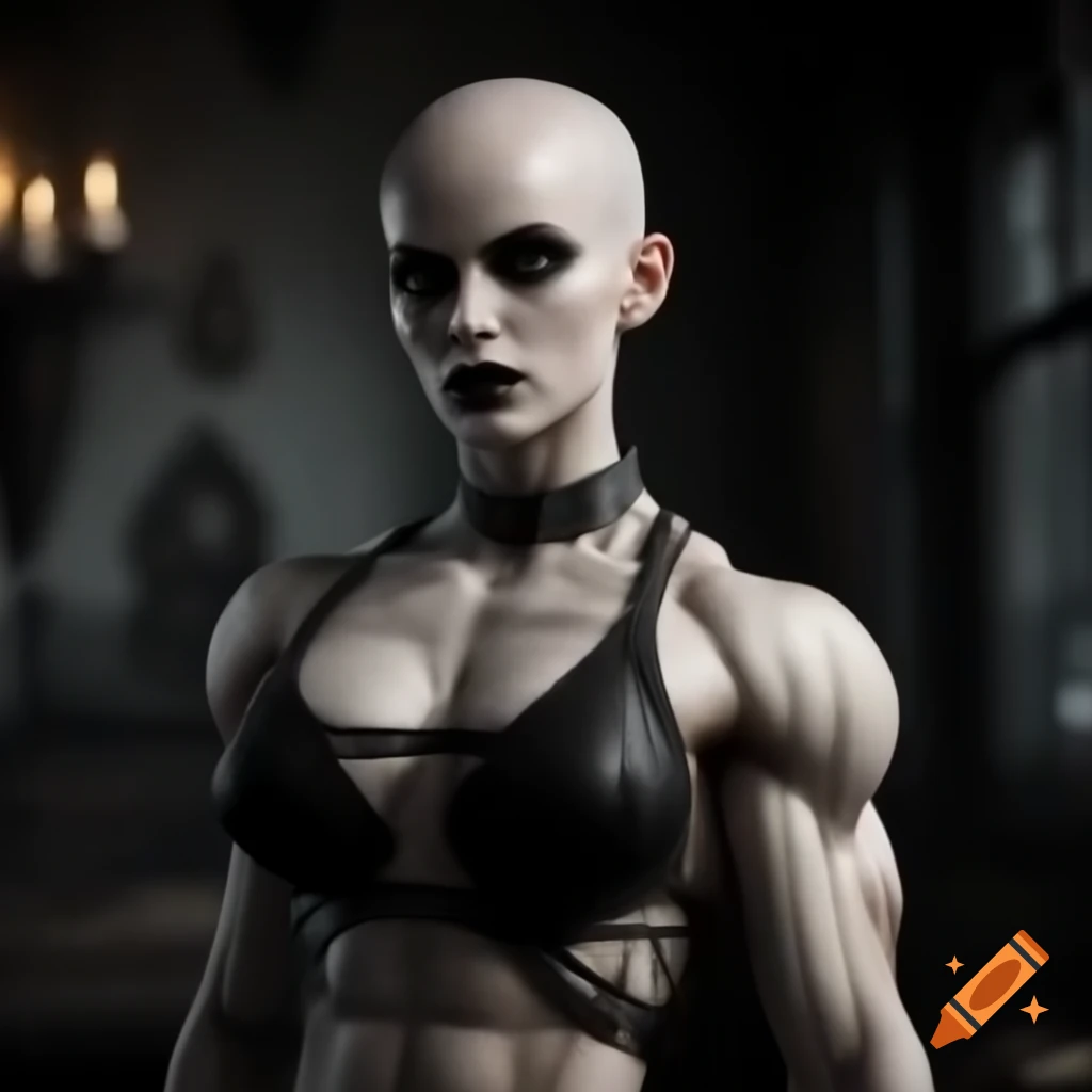 Tall muscular goth woman with a bald head and feminine build