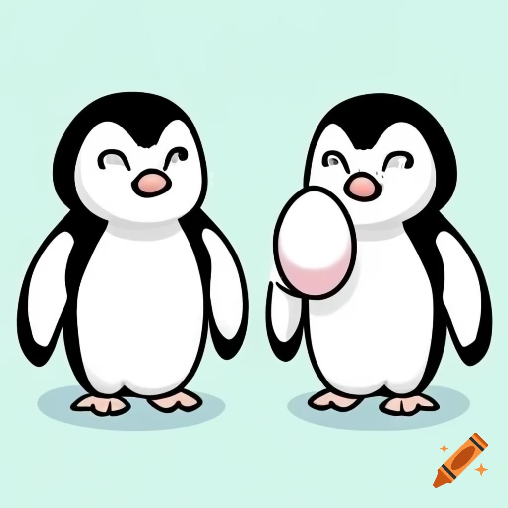 Cartoon penguins with heart-adorned egg, side by side