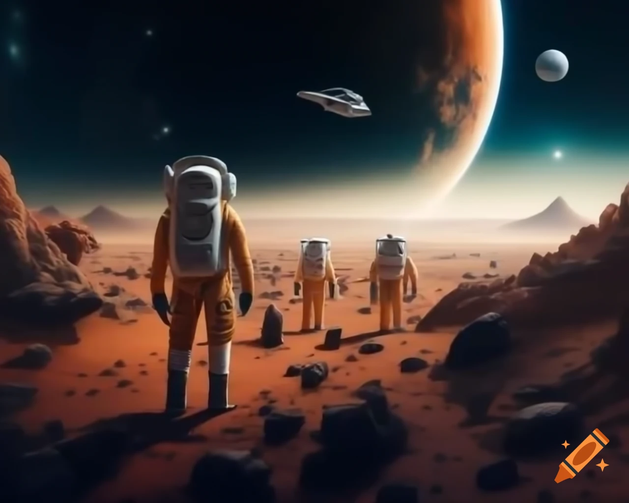 Astronauts exploring Martian landscape with alien city and spaceship