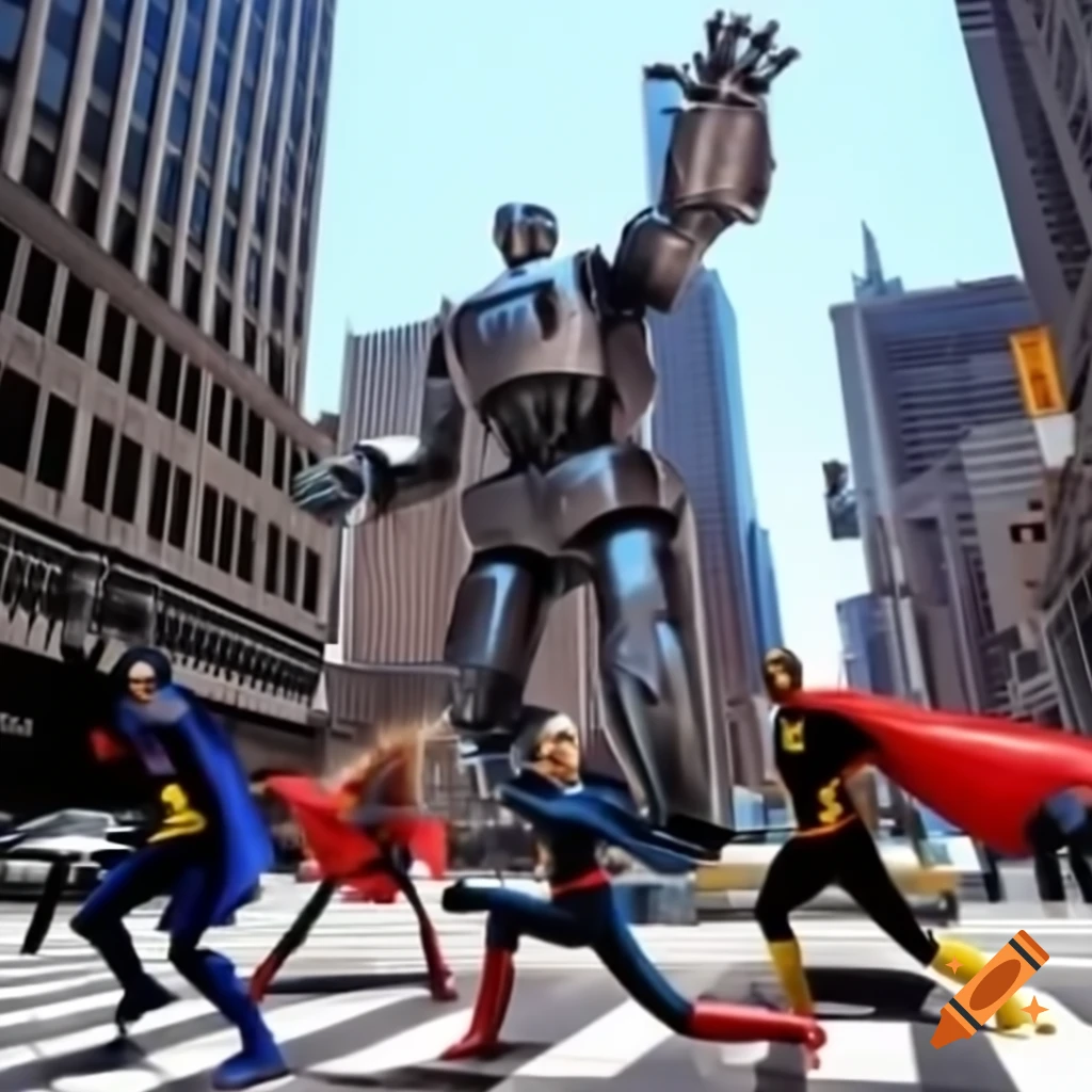 Superheroes battling giant robot in downtown New York on sunny day
