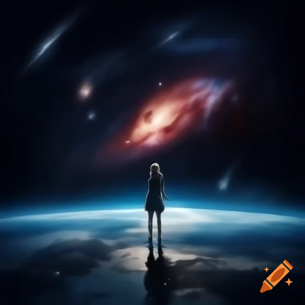 Explorer Stella in a vast, starry space filled with galaxies