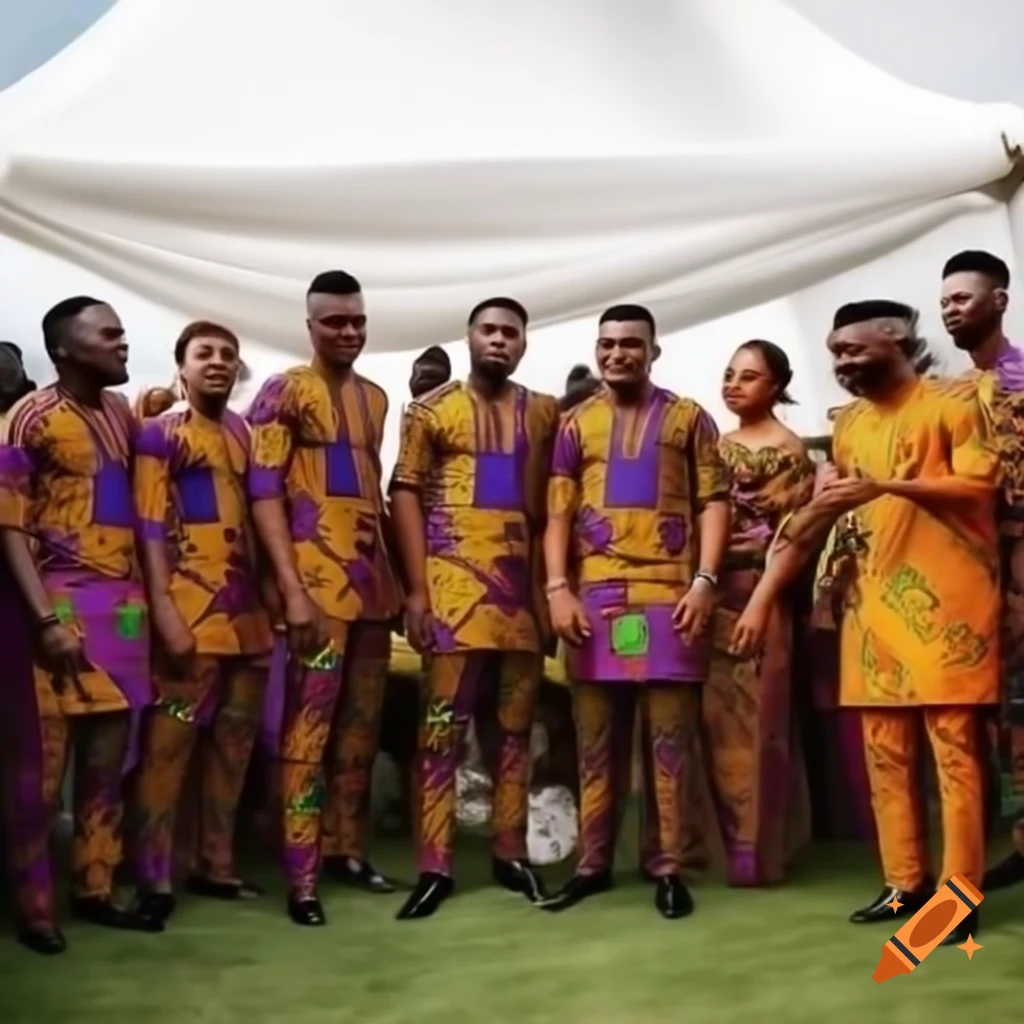 Cinematic photorealistic image of choir in colorful Ankara outfits at Nigerian outdoor wedding