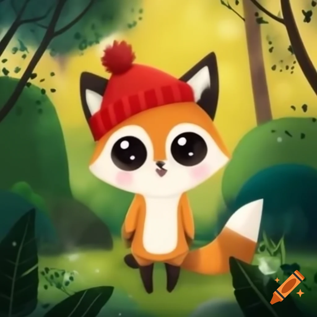 Cute fox wearing a red hat in a forest, 4K HD