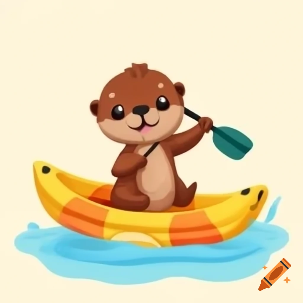Happy baby otter kayaking in cartoon style