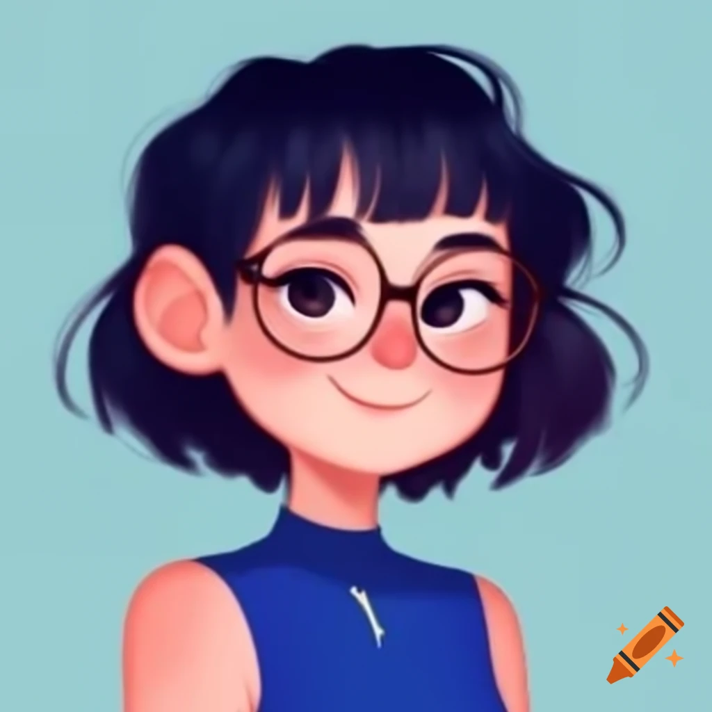 Cartoon avatar of woman with short black wavy hair and friendly smile, wearing clear glasses and dark blue sleeveless top