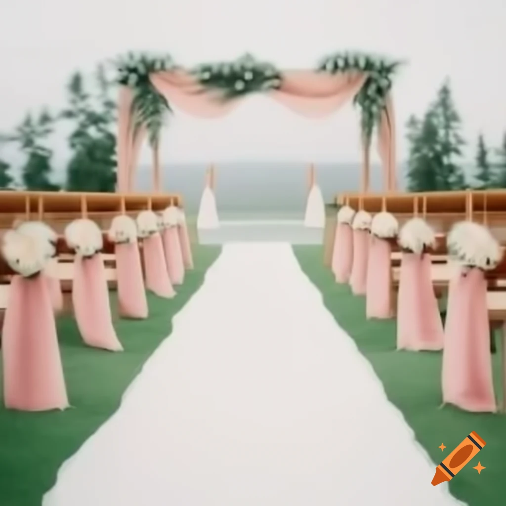 Wedding ceremony aisle with cream and berry draped arch and ribbon accents