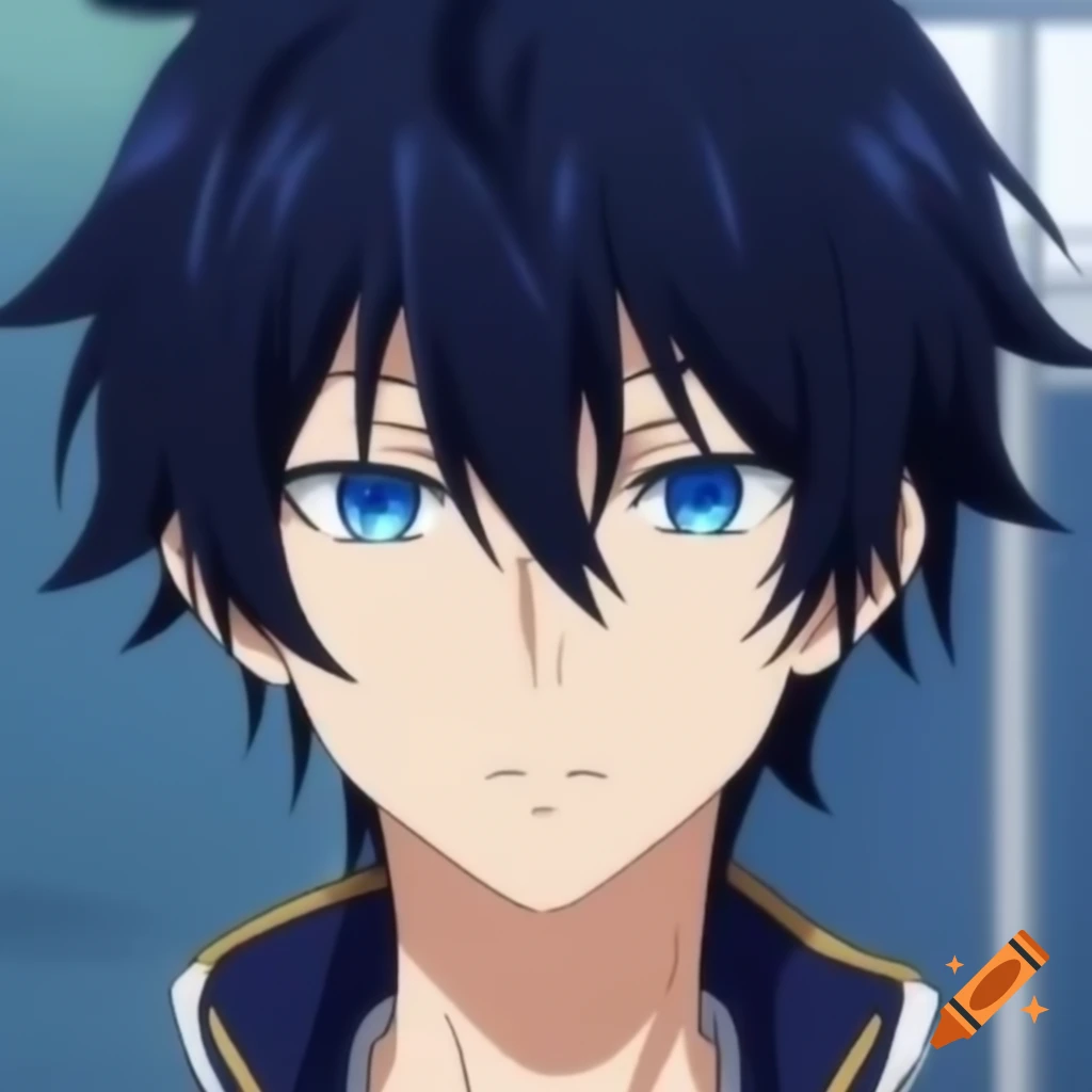 Anime male character with black hair and blue eyes, depicted as an ...
