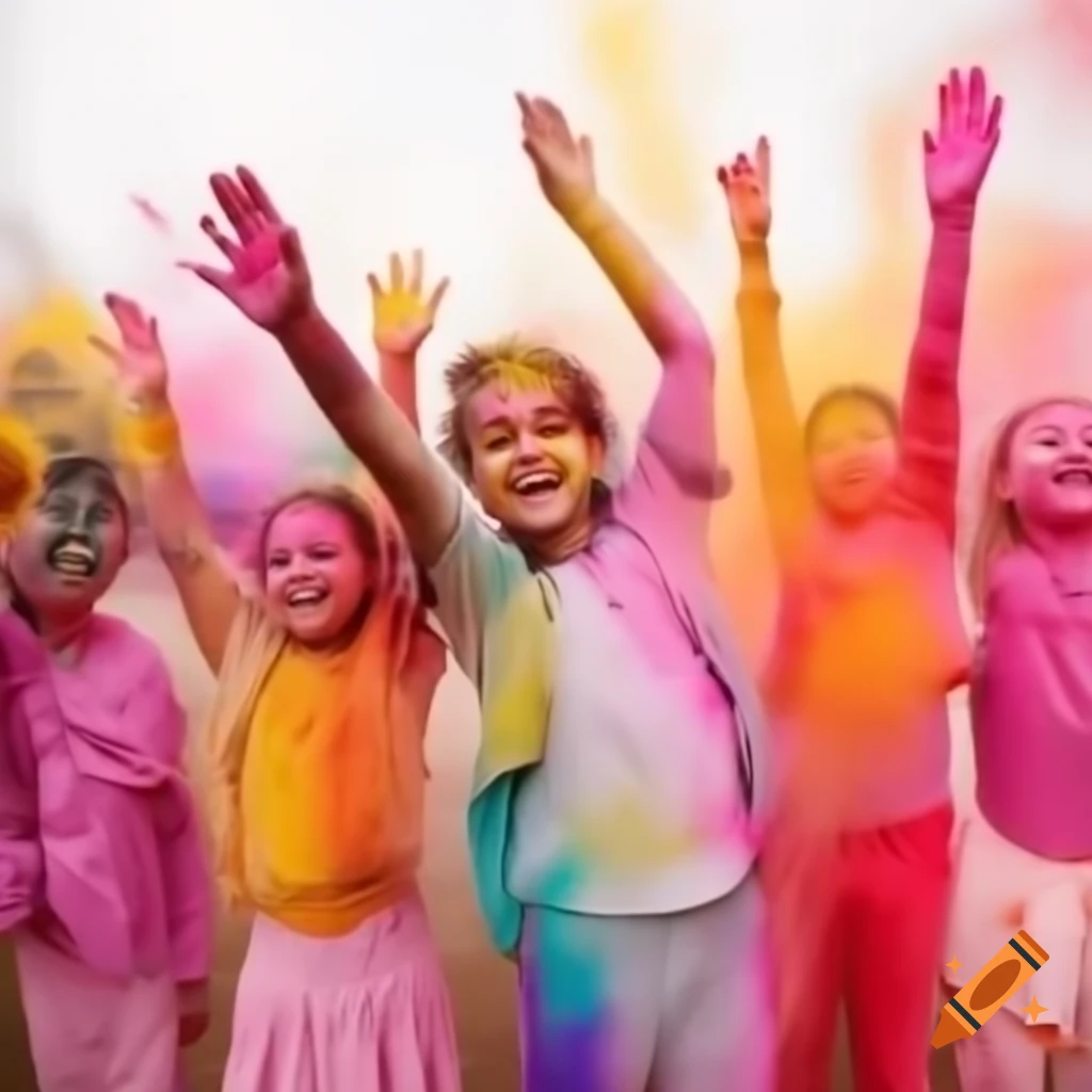 Children celebrating Holi festival with colorful powders
