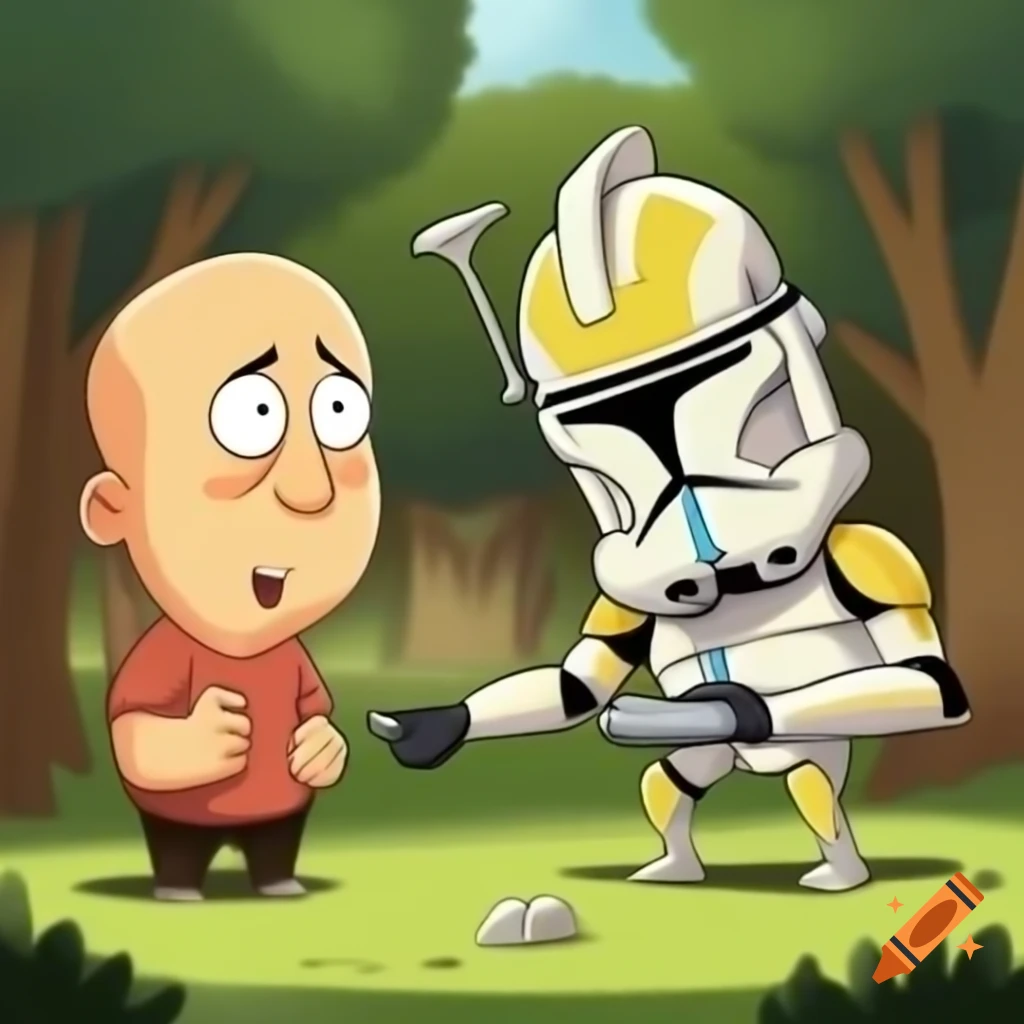 Cartoon of bald man arguing with clone in park, humorous expressions