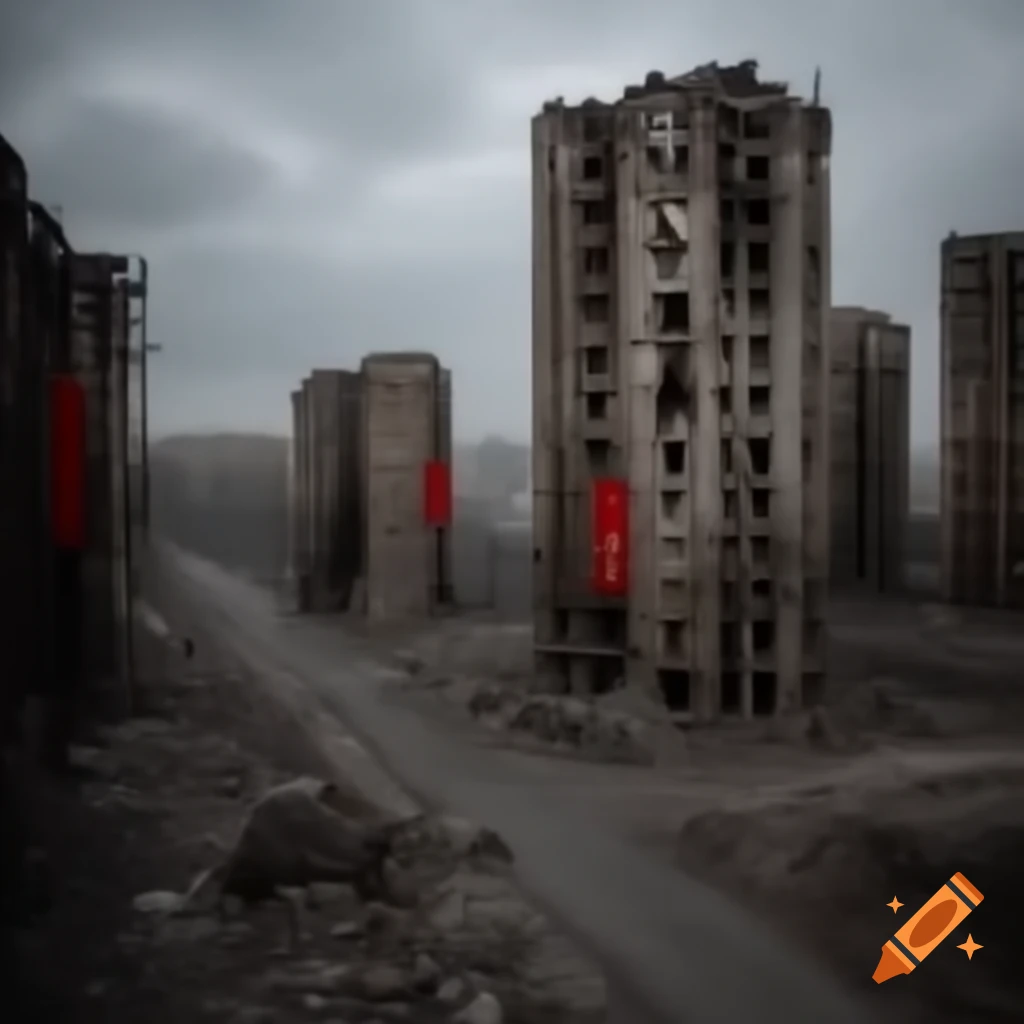 Ruined Russian city with red banners and grey sky in 1980 aesthetics