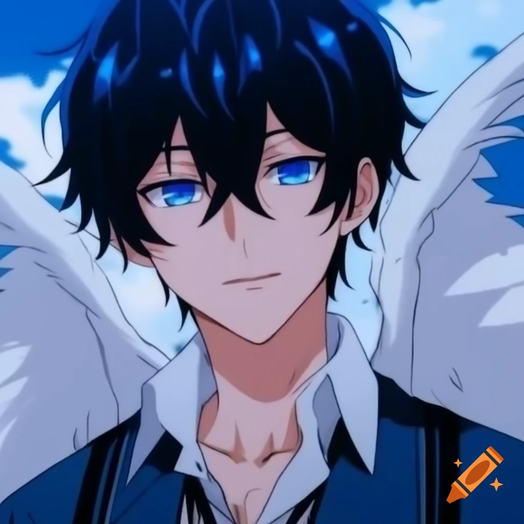 Anime male character with black hair and blue eyes dressed as an angel ...