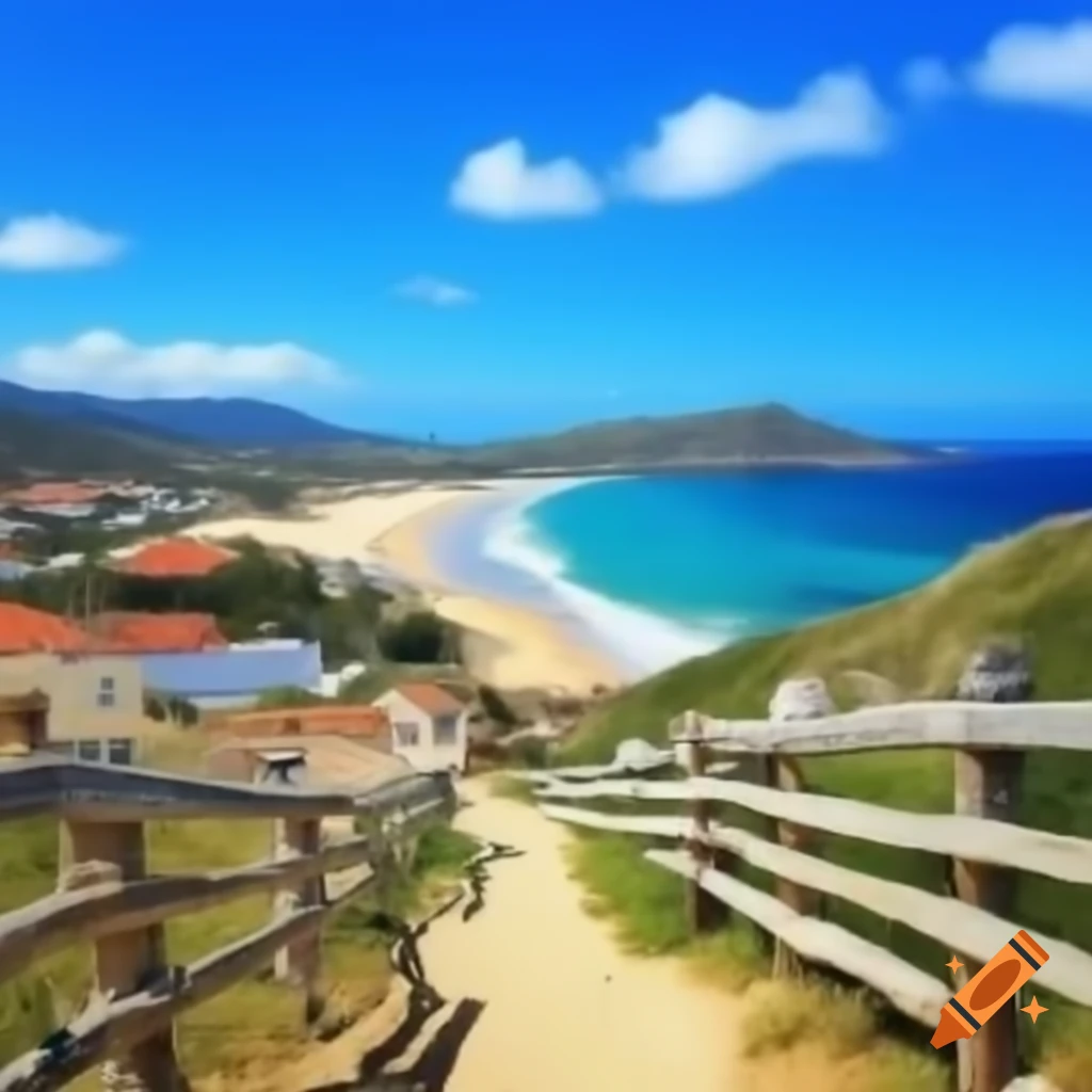Rainy landscape of a village by the beach