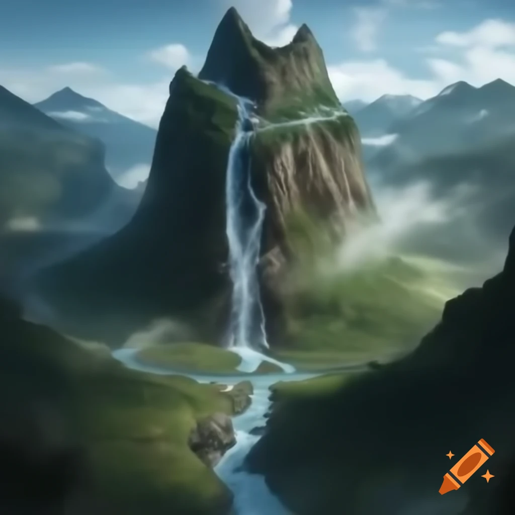 Mountain with spiraling river leading to large waterfall