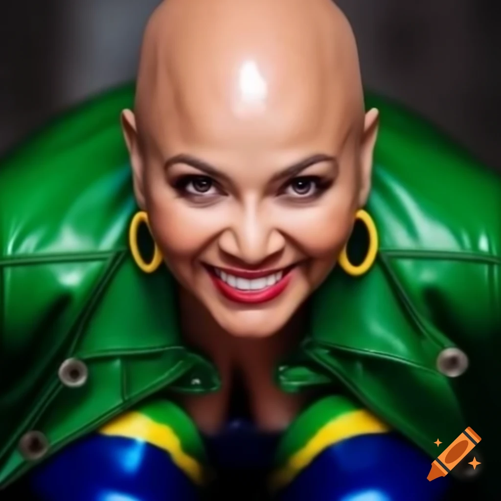 Bald woman in vibrant Brazilian flag jacket and blue leather pants, smiling