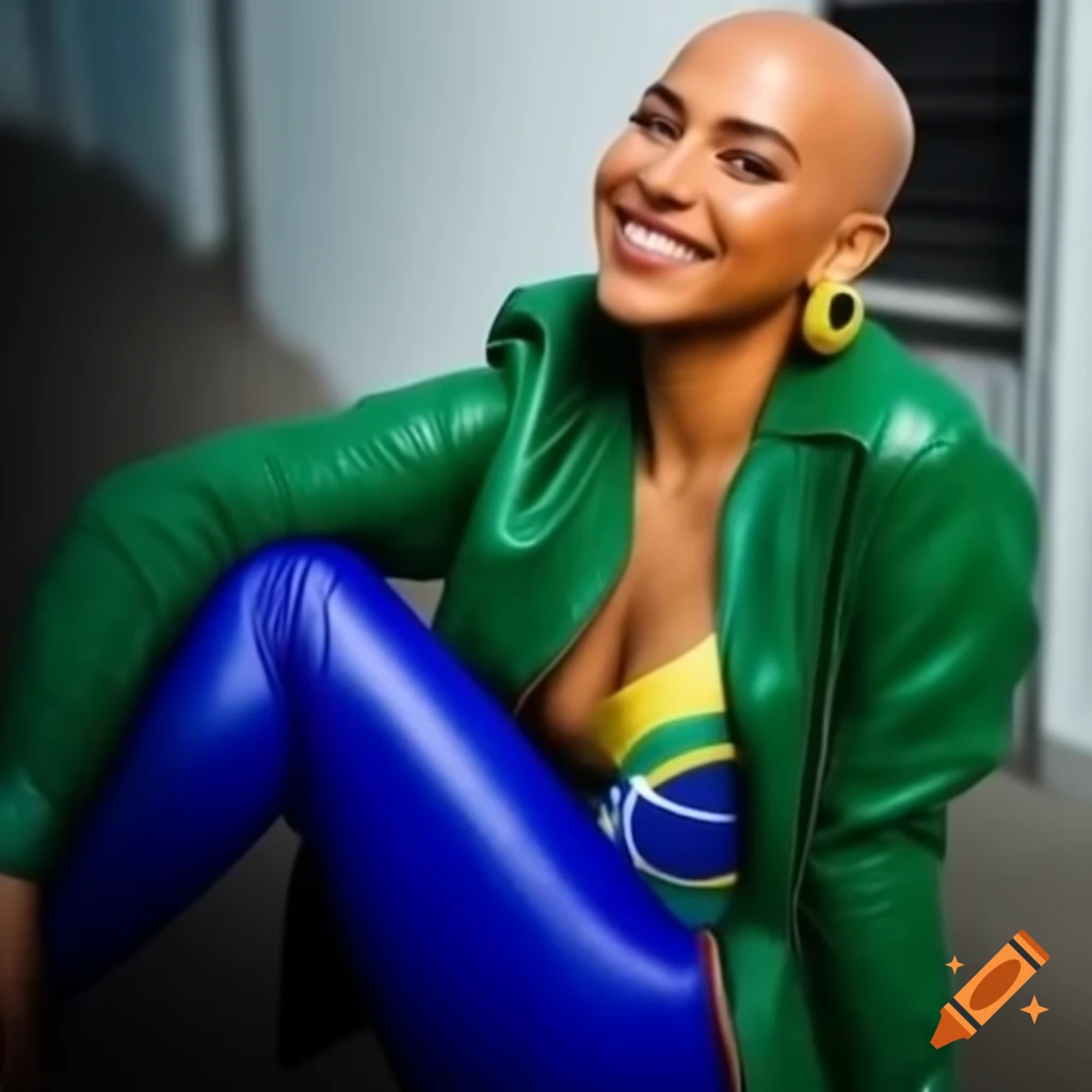 Woman with bald head in blue leather pants and Brazil flag jacket, smiling from behind