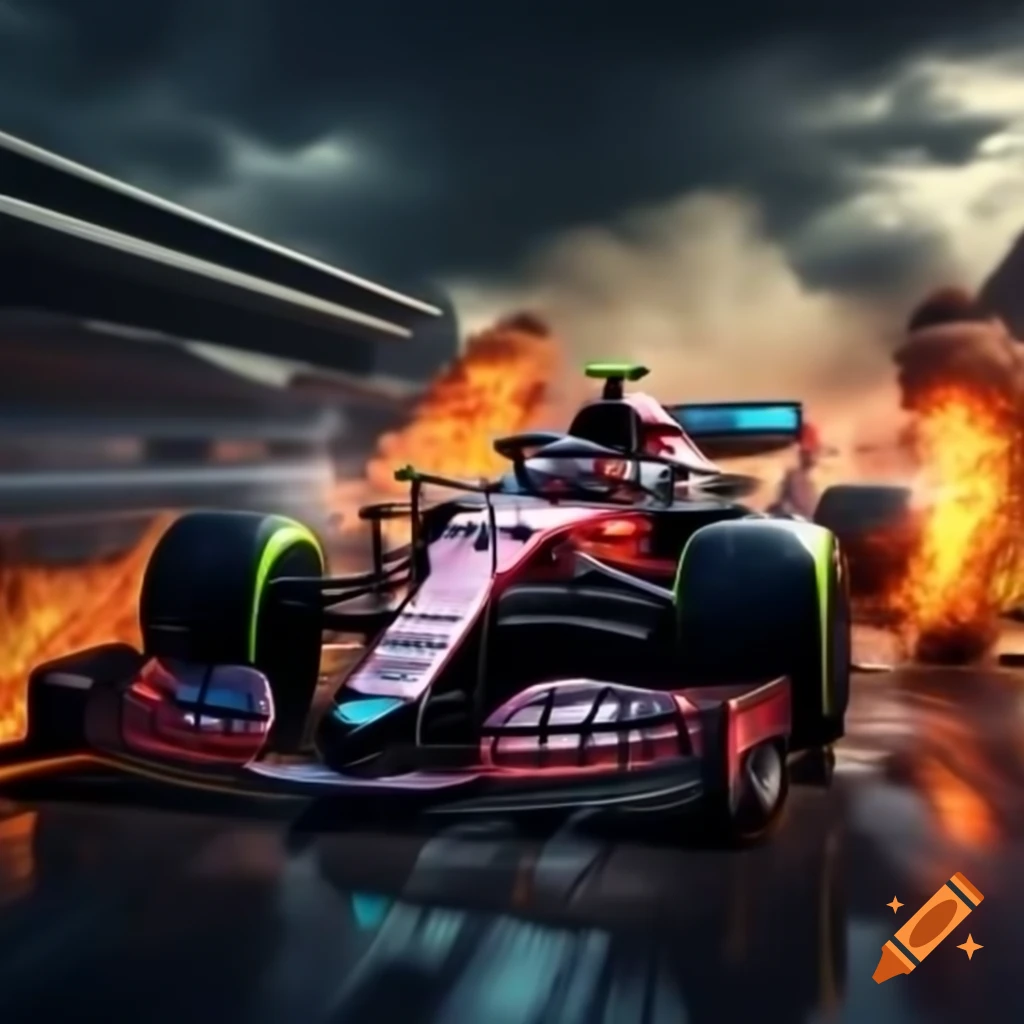 Dramatic scene of Formula 1 car crash with flames and smoke on racetrack