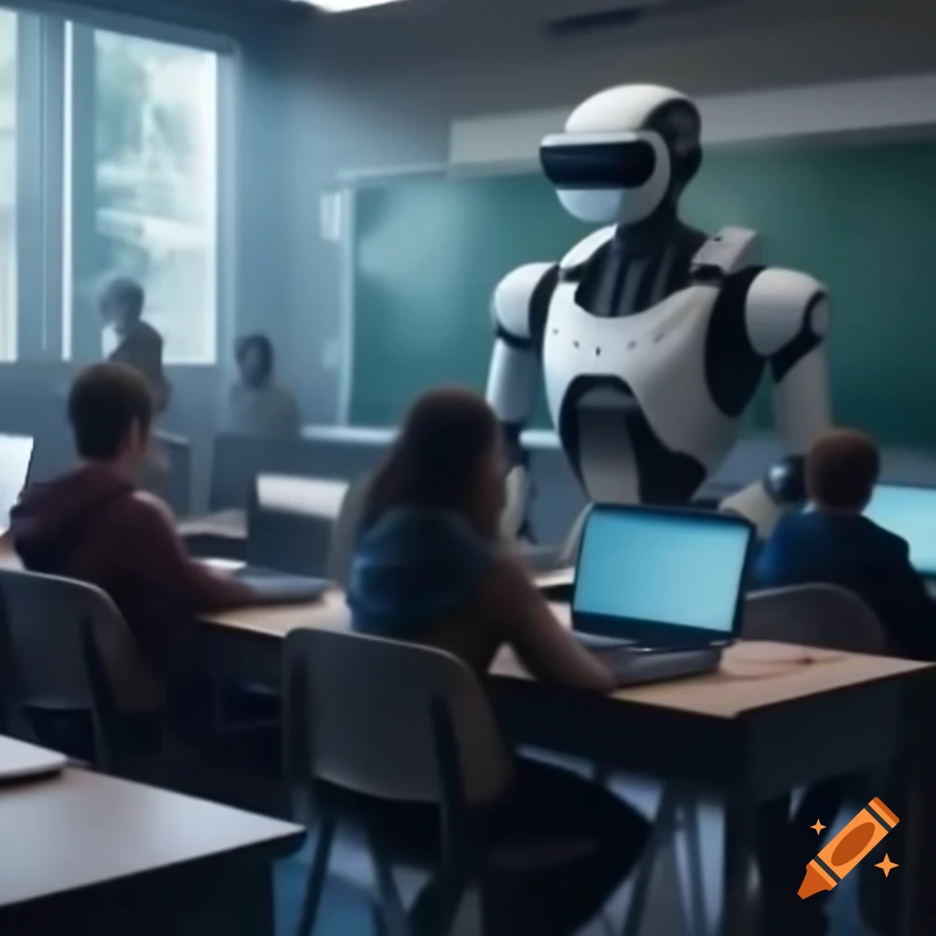 Futuristic classroom with students using laptops and VR headsets, AI robot coach