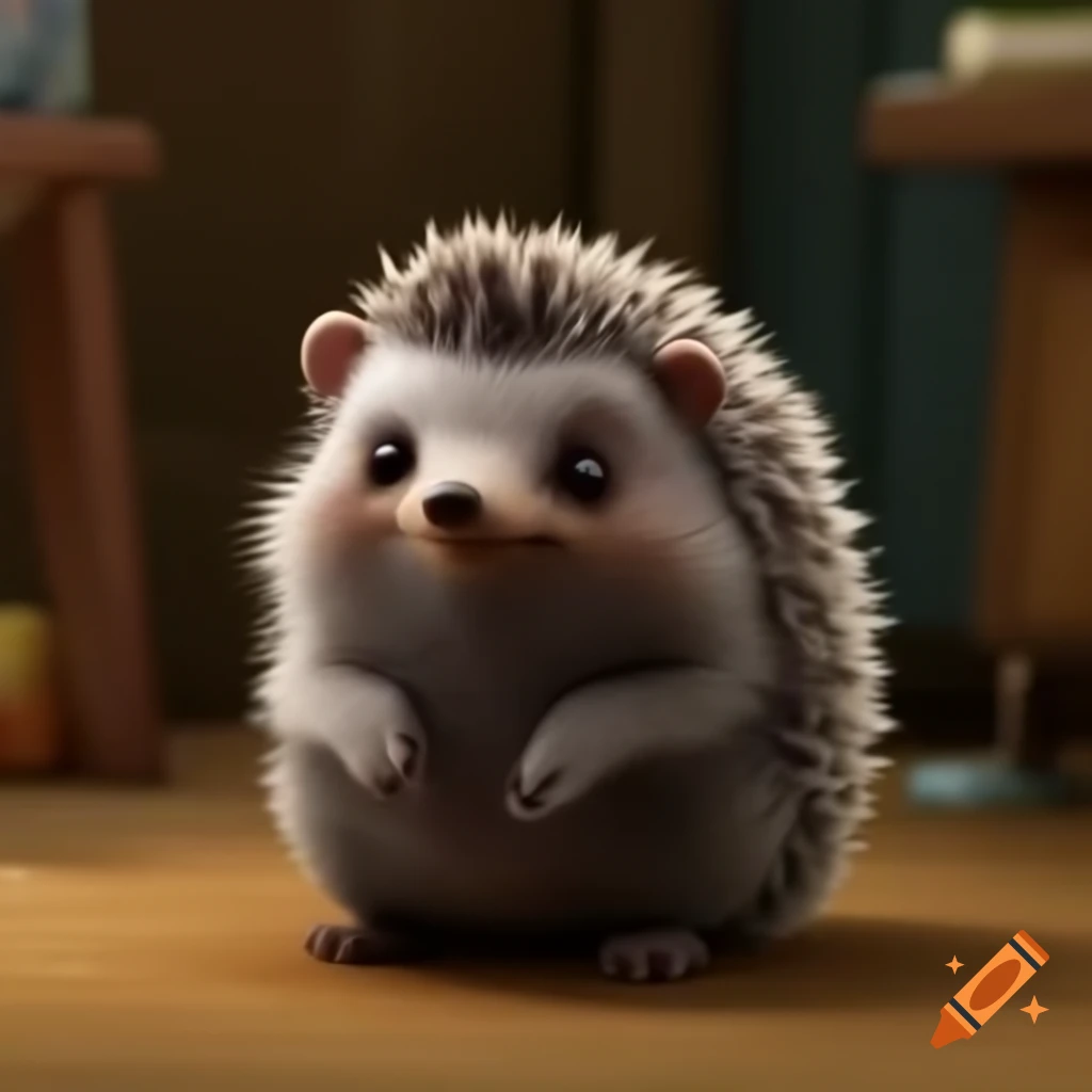 Cartoon grey hedgehog and brown bear sitting together in cozy room