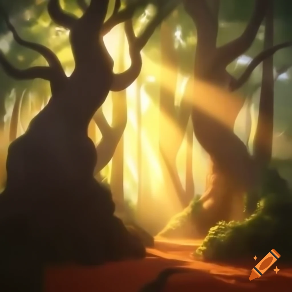 Morning sun shining through towering oaks with golden rays on forest floor